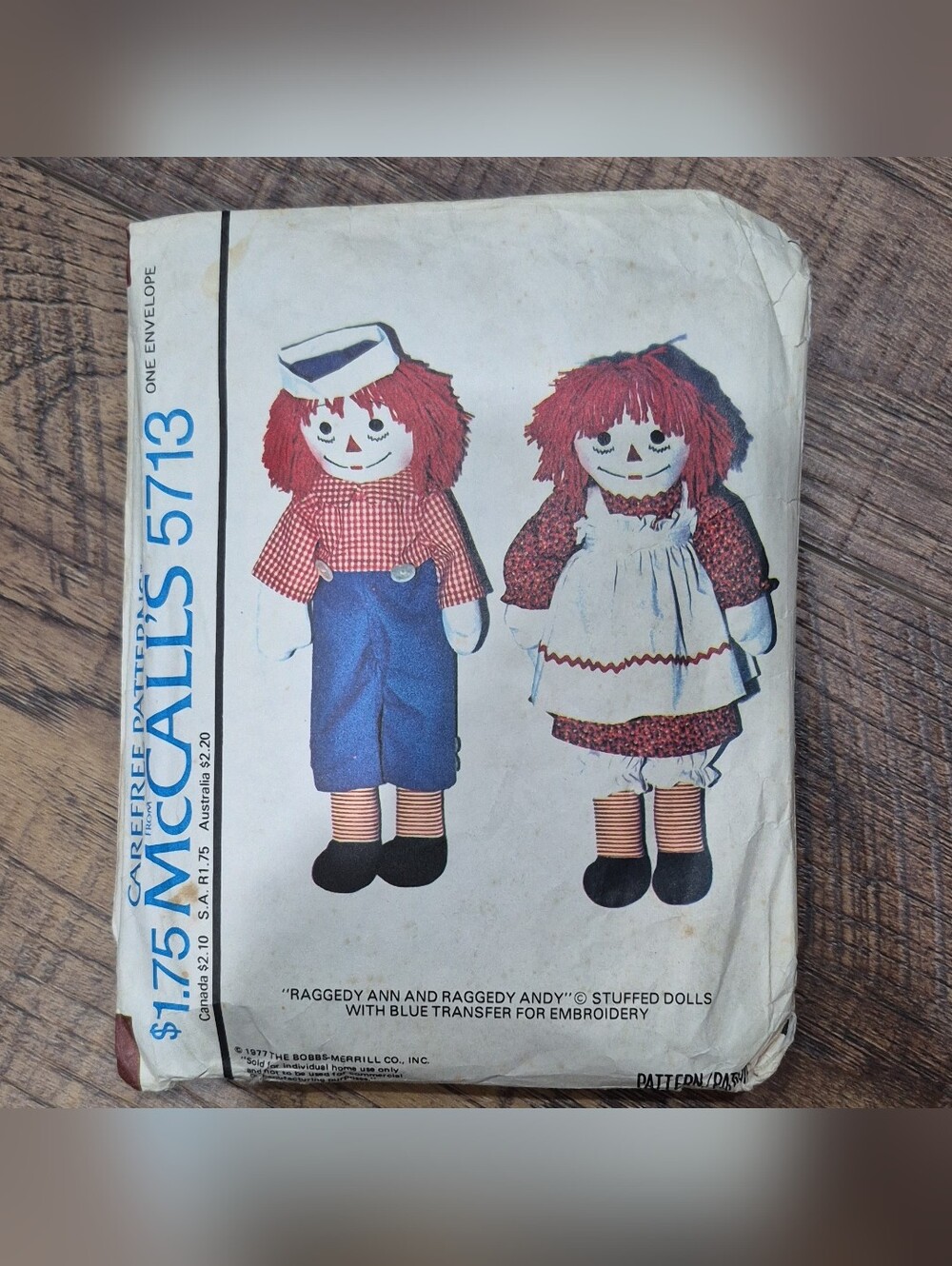Vintage McCall's 5713 Raggedy Ann & Andy Stuffed Doll Sewing Pattern W/ Transfer
